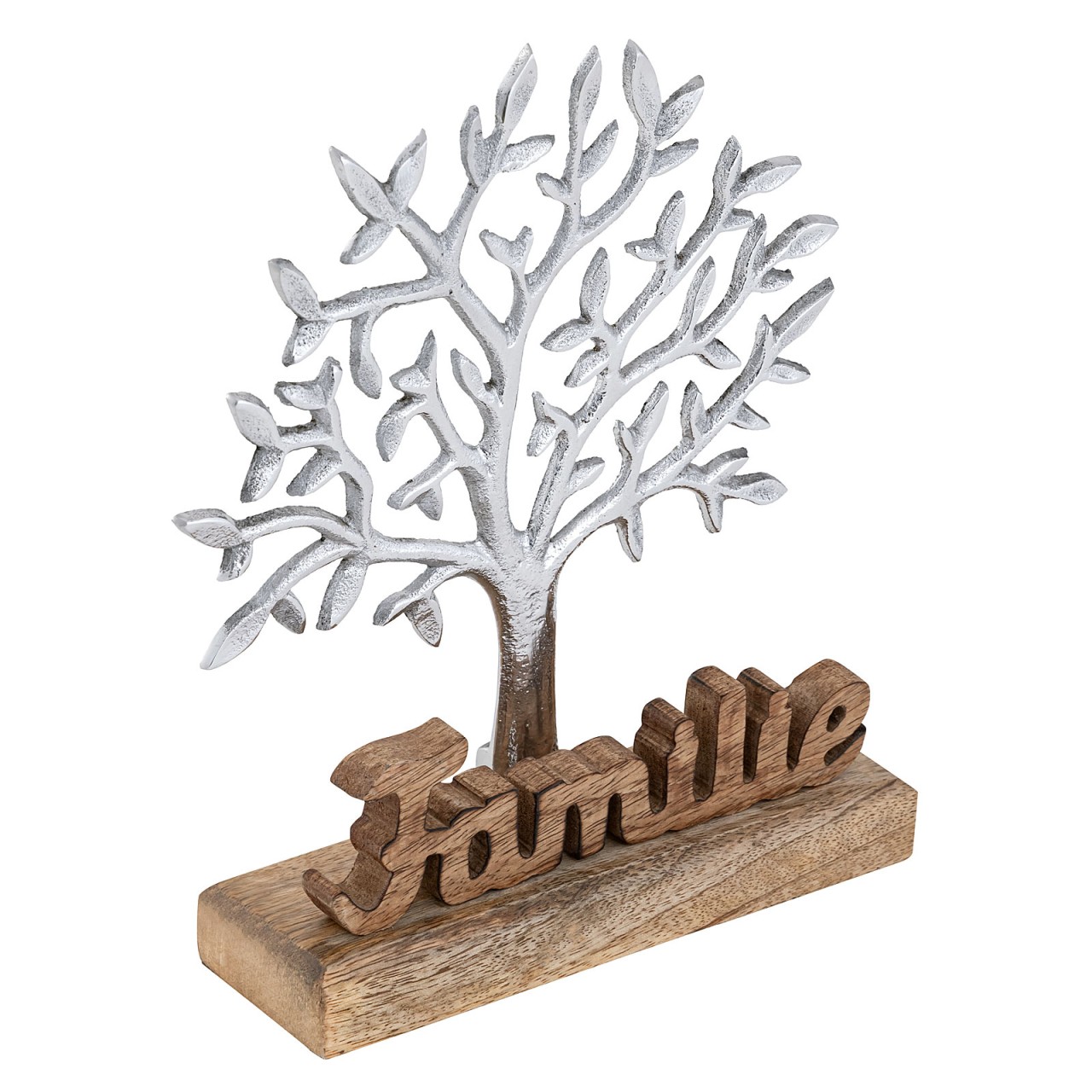 Lebensbaum mit Schriftzug Familie Holzfigur 20x27cm Dekofigur Aluminium Mangoholz Lebensbaum mit Schriftzug Familie Holzfigur 20x27cm Dekofigur Aluminium Mangoholz