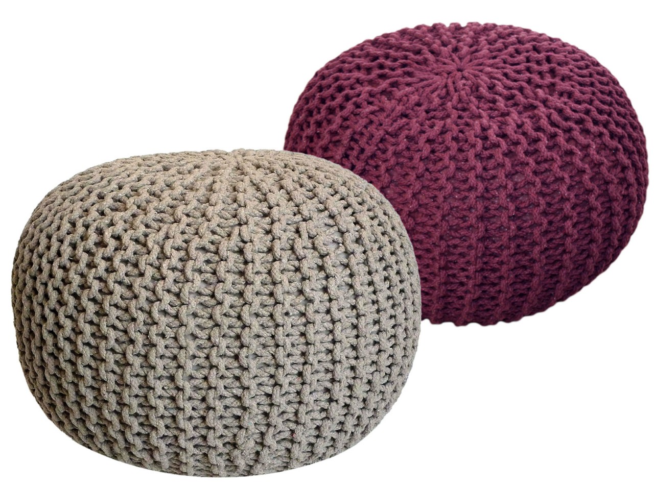 Sitzhocker Pouf SET 2 Stück Ø 55 cm H 37 cm Strickhocker Bodenkissen Grobstrick-Optik nachhaltig Sitzhocker Pouf SET 2 Stück Ø 55 cm H 37 cm Strickhocker Bodenkissen Grobstrick-Optik nachhaltig