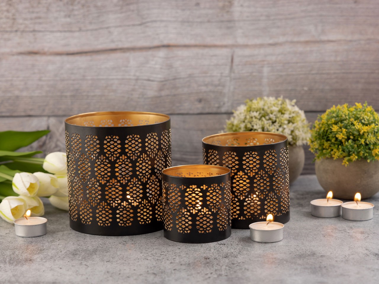 Kerzenständer 3er Set Windlicht Orient Teelichthalter rund schwarz gold