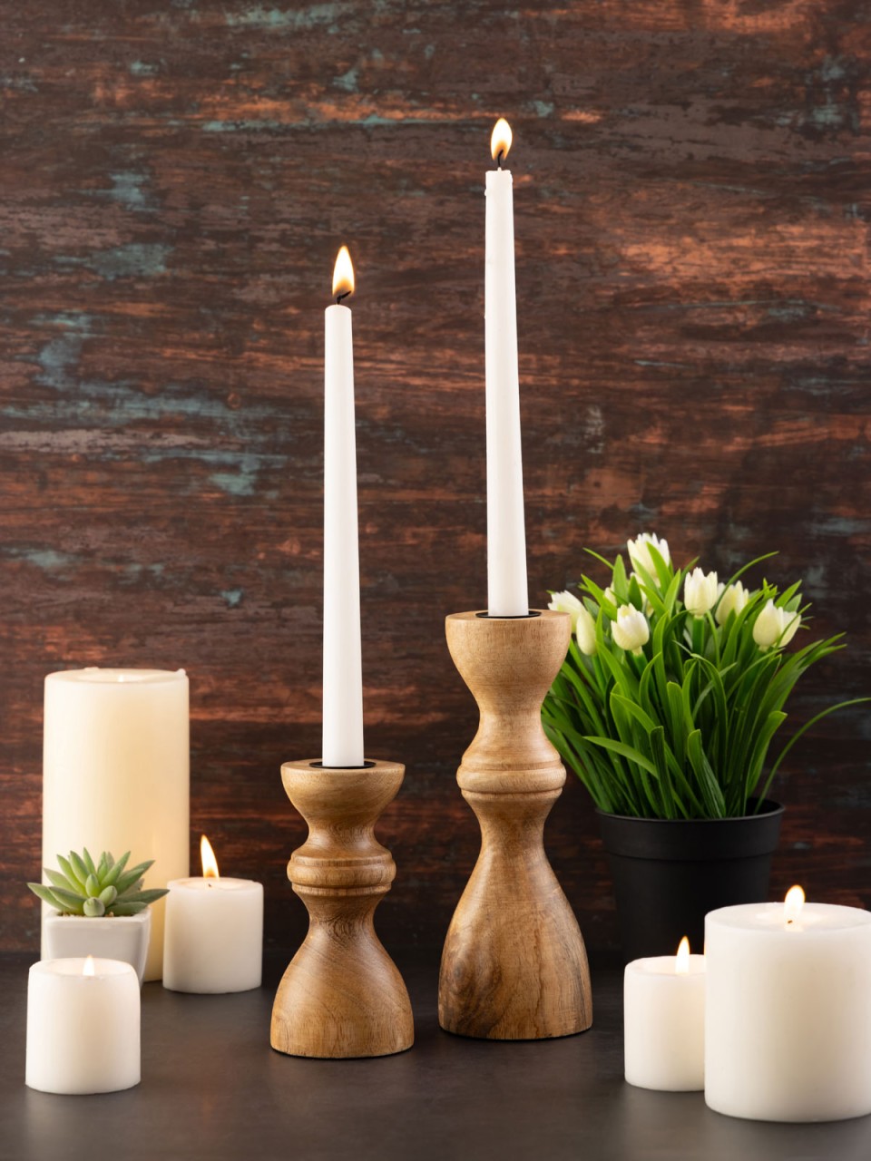 Kerzenständer 2er Set Stabkerzen Kerzenhalter H20/13x6cm rund Kerzenleuchter Mangoholz