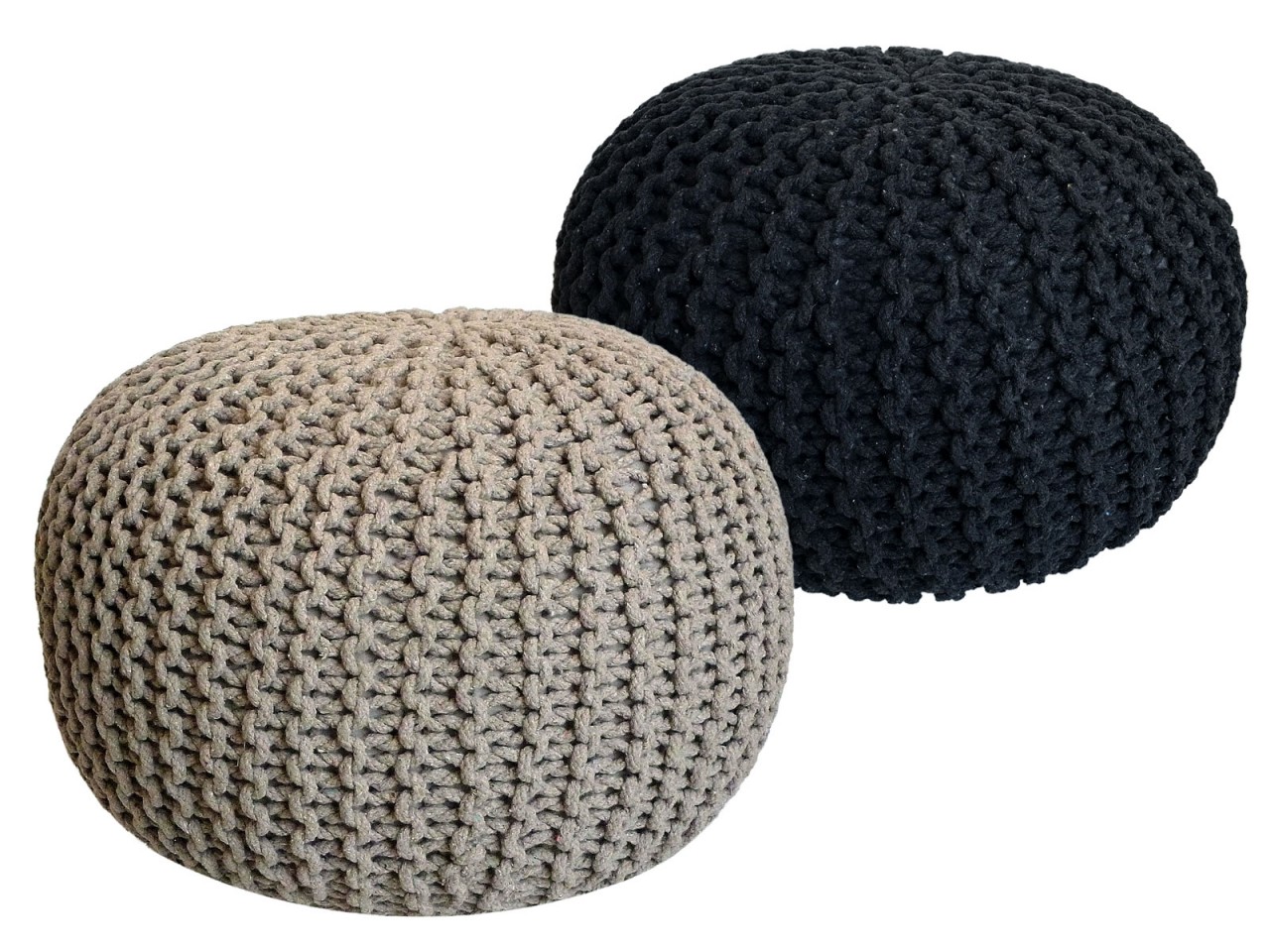 Sitzhocker Pouf SET 2 Stück Ø 55 cm H 37 cm Strickhocker Bodenkissen Grobstrick-Optik nachhaltig Sitzhocker Pouf SET 2 Stück Ø 55 cm H 37 cm Strickhocker Bodenkissen Grobstrick-Optik nachhaltig