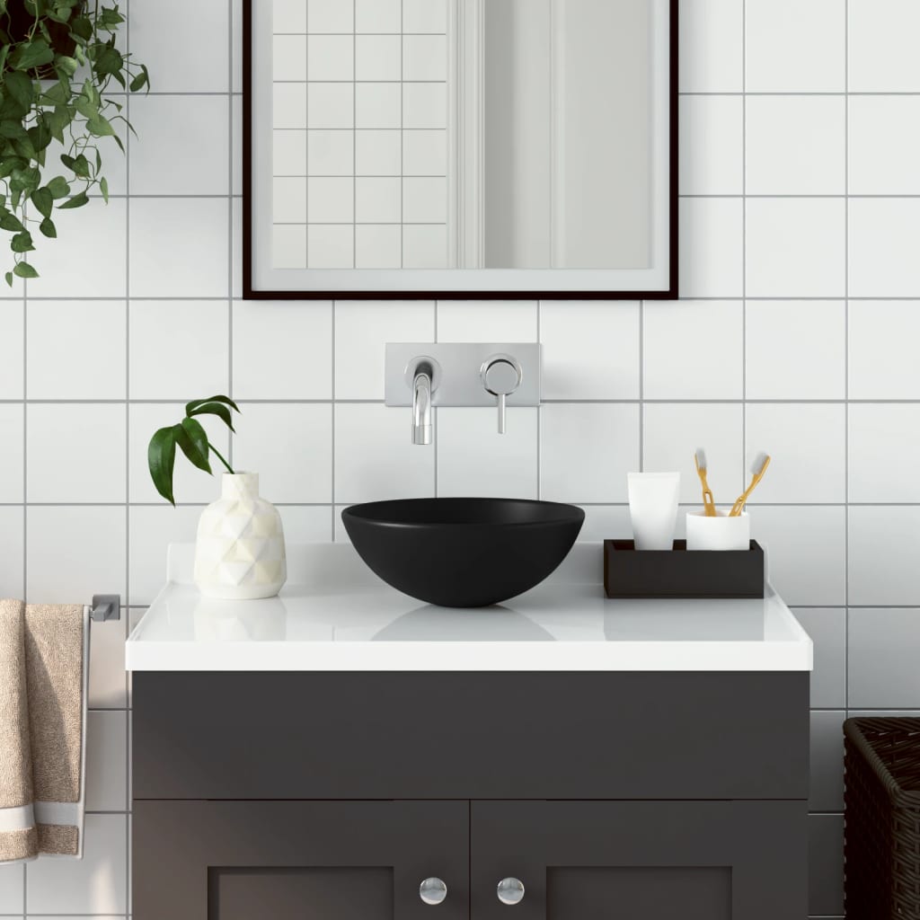 Waschbecken rund Keramik mattschwarz stilvoll Badezimmer Gäste WC pflegeleicht