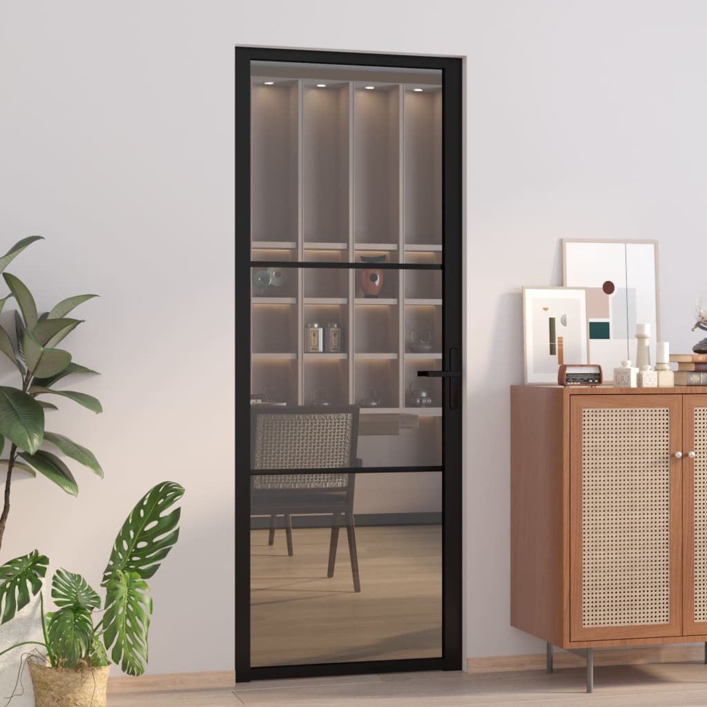 Innentür Tür 76x201,5 cm Schwarz ESG-Glas und Aluminium