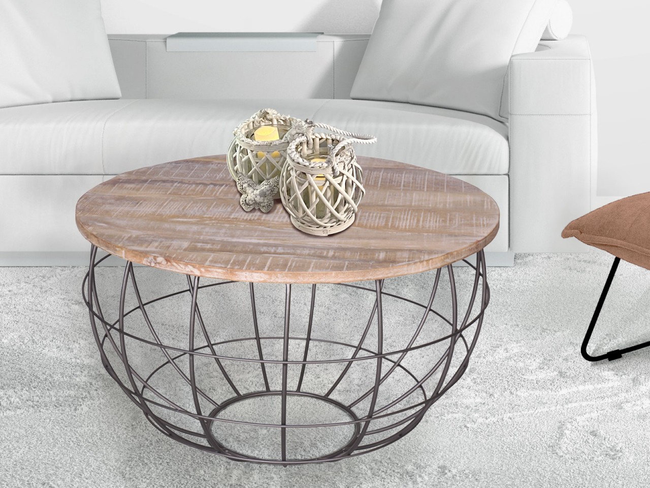 Couchtisch nachhaltig rund ø 75 cm Wohnzimmer-Tisch Massivholz London Metall Gitter Metall Gestell