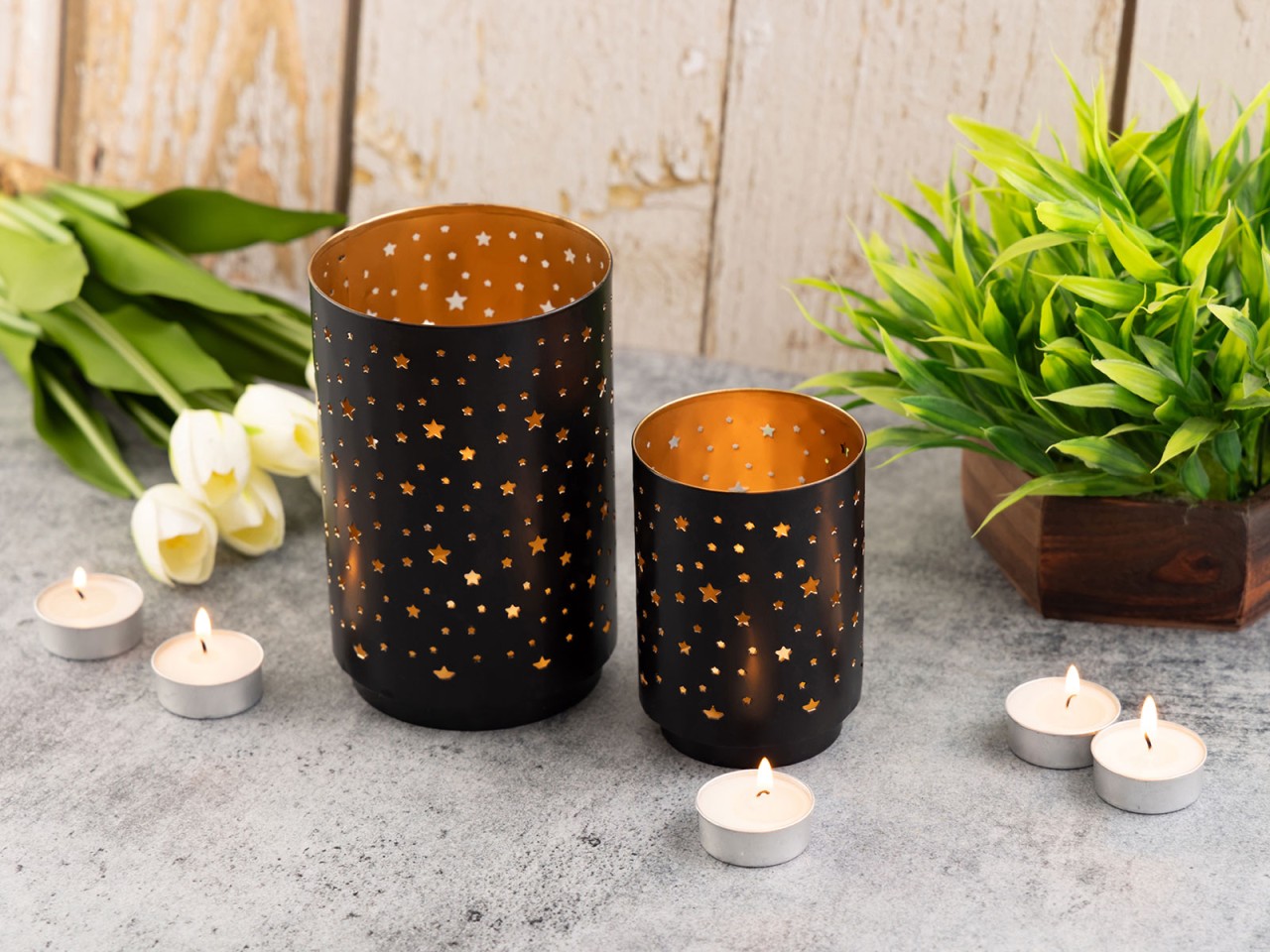 Teelichthalter Masterbox 16x 2er Set Sternenhimmel Kerzenhalter rund schwarz gold