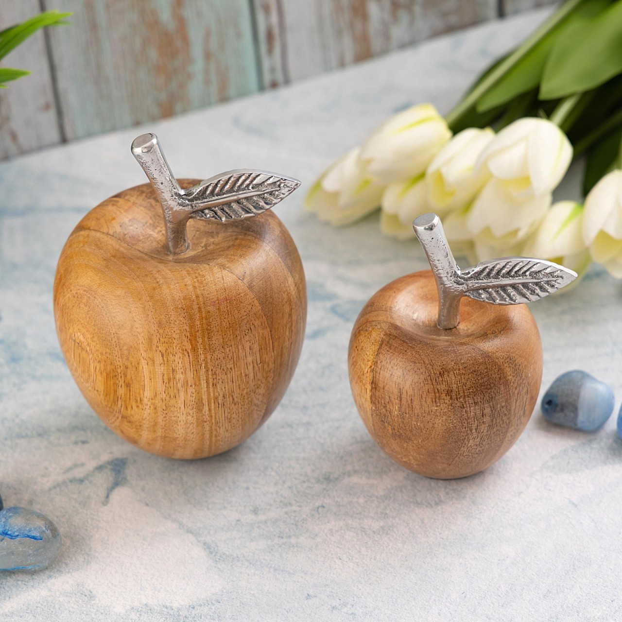 Dekofiguren 2er Set Apfel H15/13x11/9cm Aufsteller Masterbox 12-teilig Mangoholz