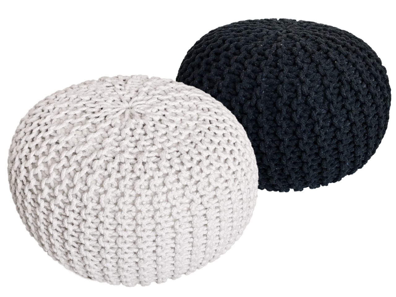 Sitzhocker Pouf SET 2 Stück Ø 55 cm H 37 cm Strickhocker Bodenkissen Grobstrick-Optik nachhaltig Sitzhocker Pouf SET 2 Stück Ø 55 cm H 37 cm Strickhocker Bodenkissen Grobstrick-Optik nachhaltig