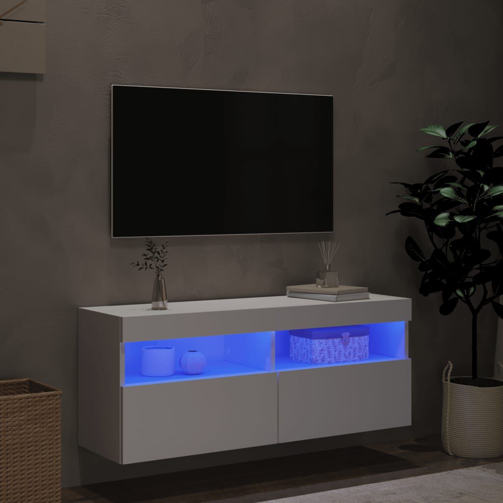 TV Wandschrank Weiß mit LED Leuchten 100x30x40 cm platzsparend und modern