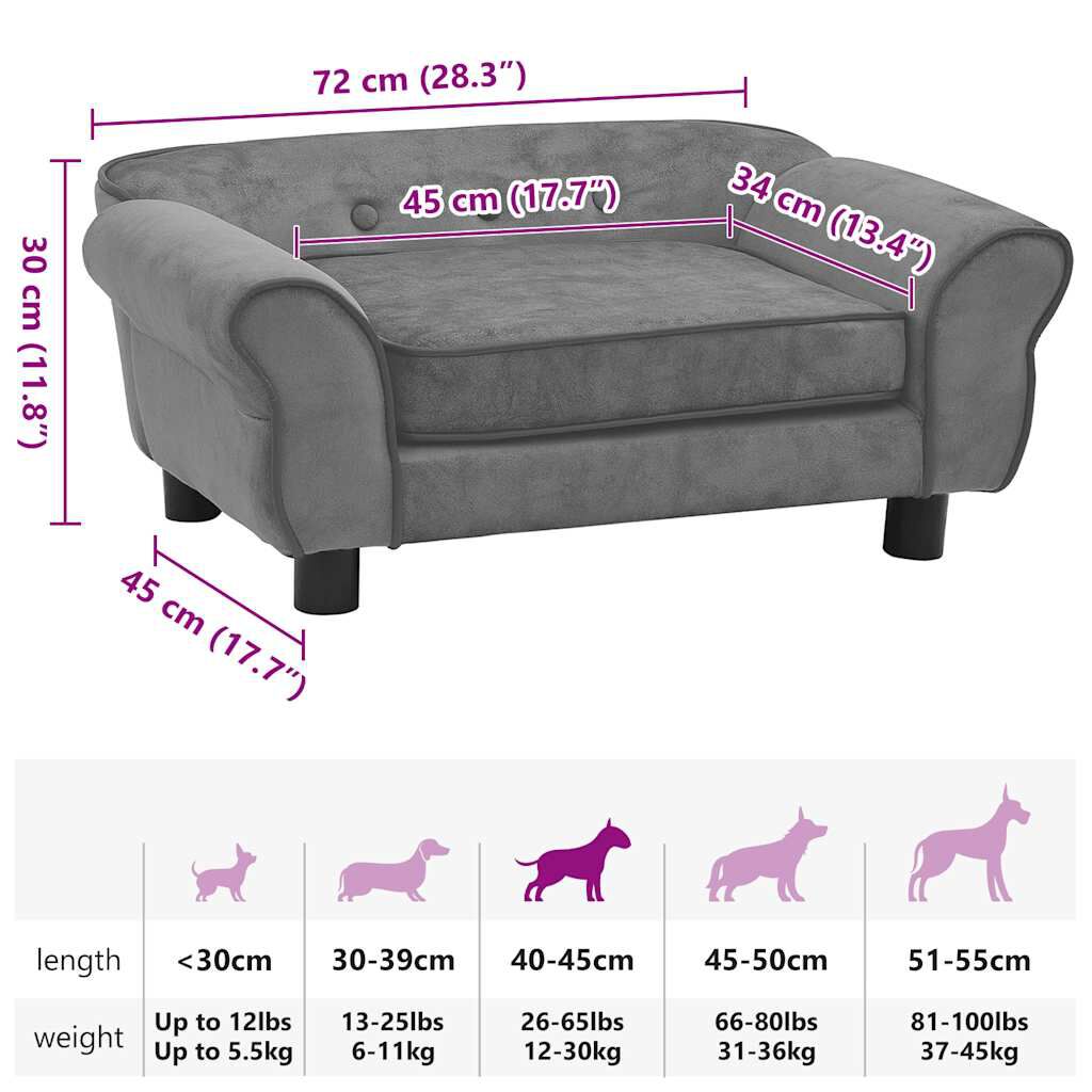 Hundesofa Dunkelgrau 72x45x30 cm weich gepolstert mit Plüschbezug pflegeleicht