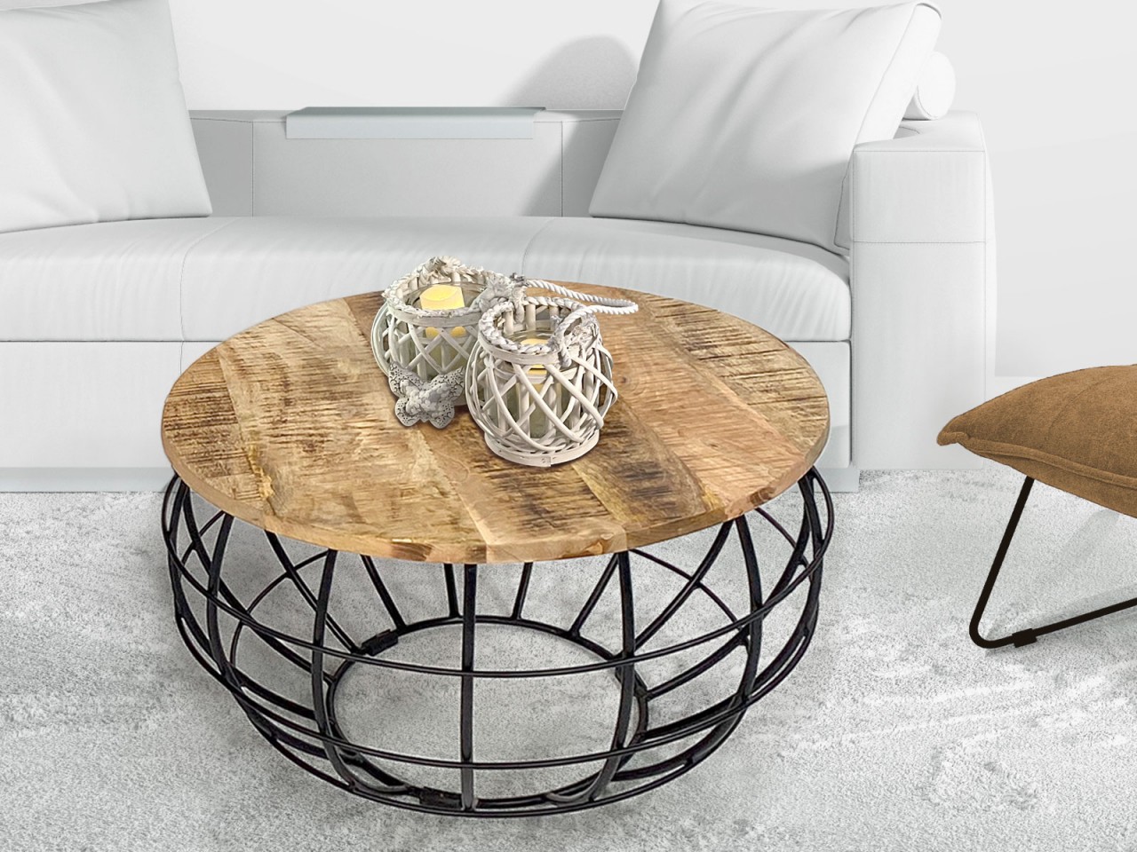 Couchtisch nachhaltig rund ø 75 cm Wohnzimmer-Tisch Massivholz London Metall Gitter Metall Gestell Couchtisch nachhaltig rund ø 75 cm Wohnzimmer-Tisch Massivholz London Metall Gitter Metall Gestell