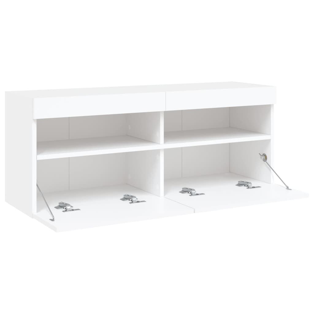 TV Wandschrank Weiß mit LED Leuchten 100x30x40 cm platzsparend und modern