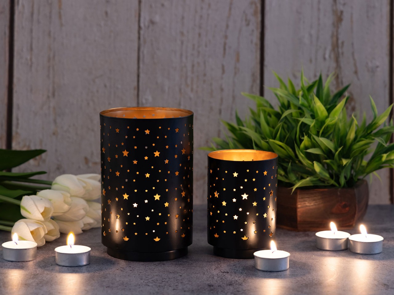 Teelichthalter Masterbox 16x 2er Set Sternenhimmel Kerzenhalter rund schwarz gold