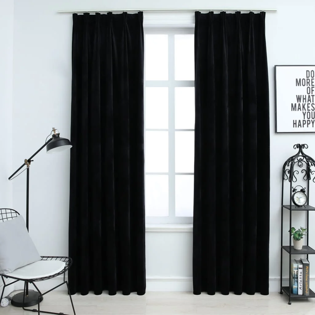 Verdunkelungsvorhänge Thermovorhänge Blickdicht Gardinen Fensterdeko  2 Stk. mit Haken Samt Schwarz 140x175 cm Modern