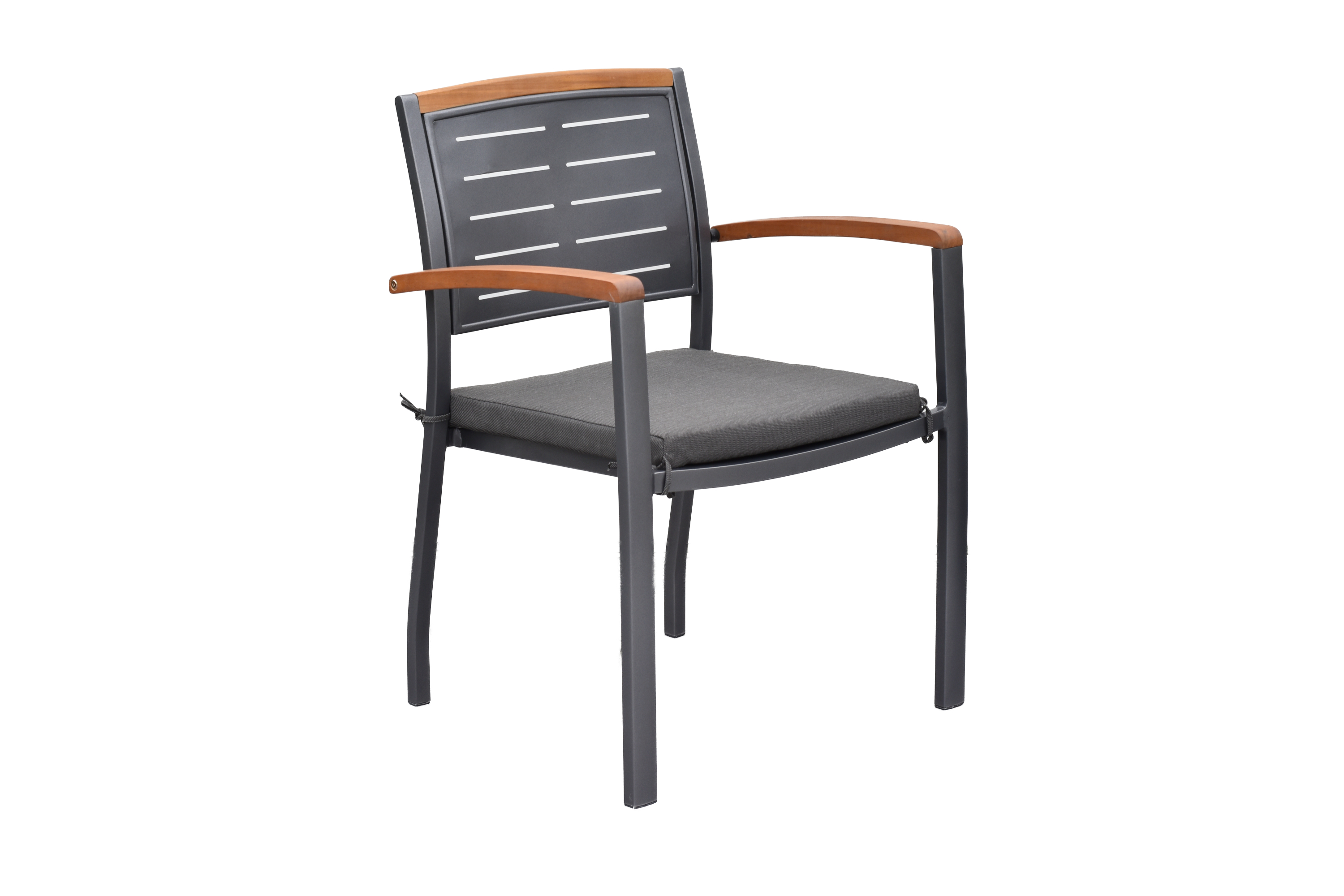 Merxx Tinos Gartenmöbel Set für 10 Personen 21 teilig aus Aluminium und FSC Akazienholz mit Flex Ausziehtisch 180x180 cm 10 Stapelsessel mit Akazienholz und graue Kissen mit Befestigungsbändchen