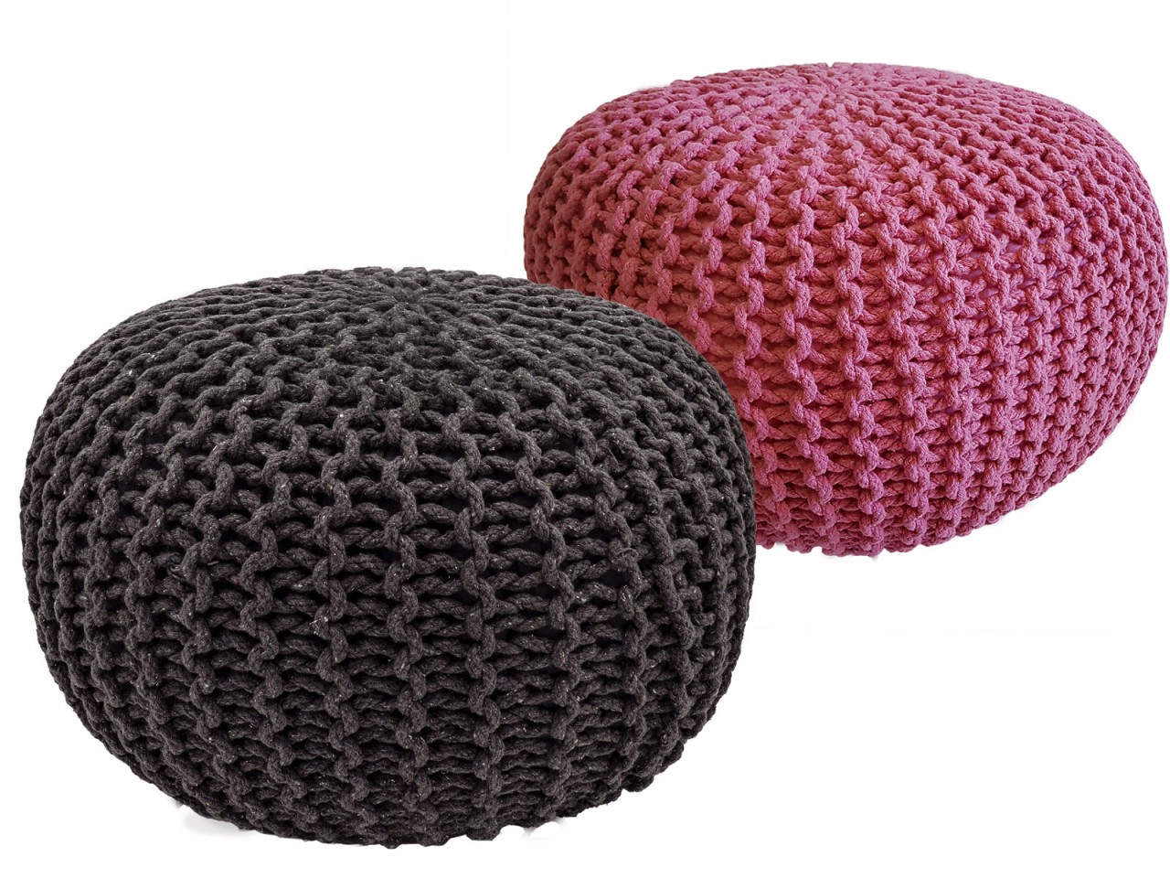 Sitzhocker Pouf SET 2 Stück Ø 55 cm H 37 cm Strickhocker Bodenkissen Grobstrick-Optik nachhaltig Sitzhocker Pouf SET 2 Stück Ø 55 cm H 37 cm Strickhocker Bodenkissen Grobstrick-Optik nachhaltig