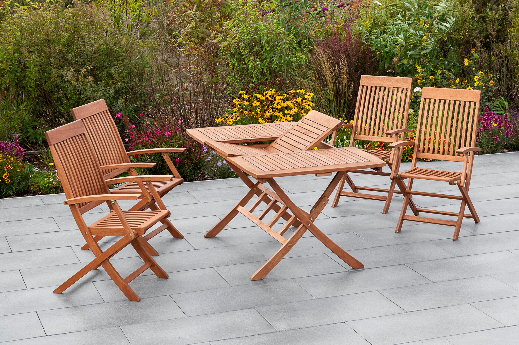 Comodoro Gartenmöbel-Set 5-teilig – 4 Klappsessel & Klappausziehtisch 110–160 cm aus FSC® Eukalyptusholz