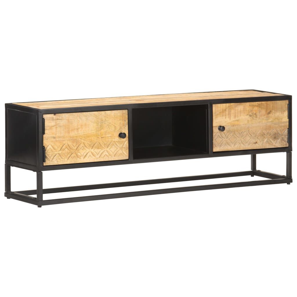 TV Schrank Mango Holz 130 x 30 x 40 cm mit geschnitzter Tür rustikaler Look