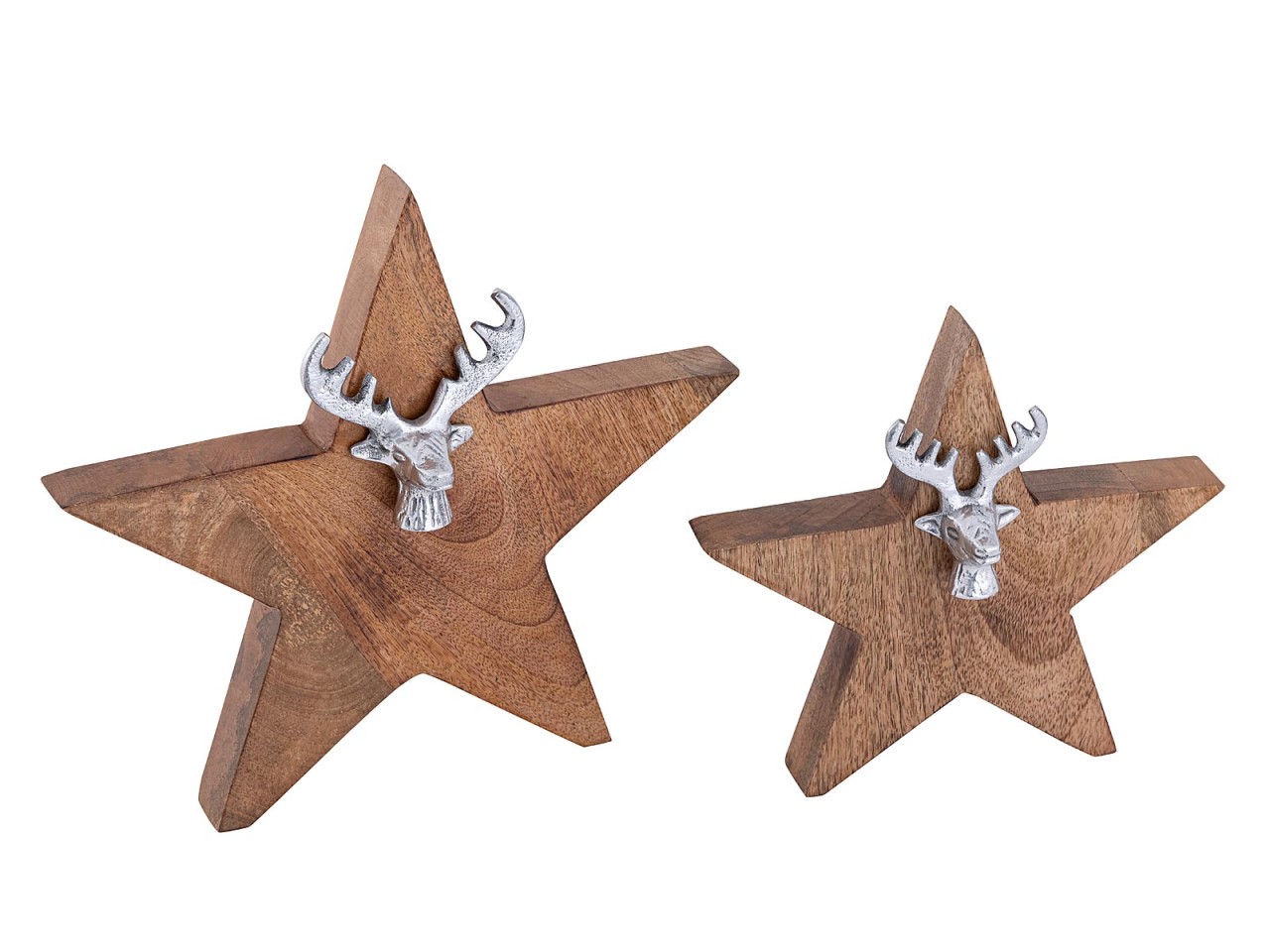Holzfigur Stern 2er Set mit Hirschkopf Größe 25/19cm Masterbox 10-teilig Aufsteller Mangoholz