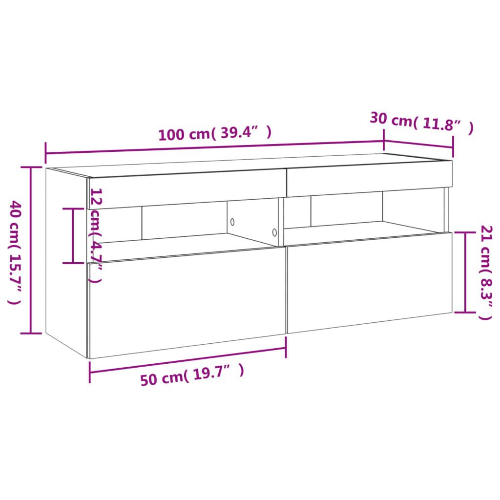 TV Wandschrank Weiß mit LED Leuchten 100x30x40 cm platzsparend und modern