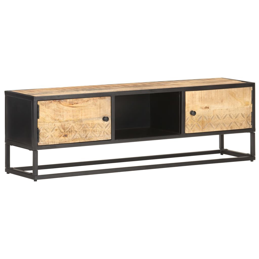 TV Schrank Mango Holz 130 x 30 x 40 cm mit geschnitzter Tür rustikaler Look