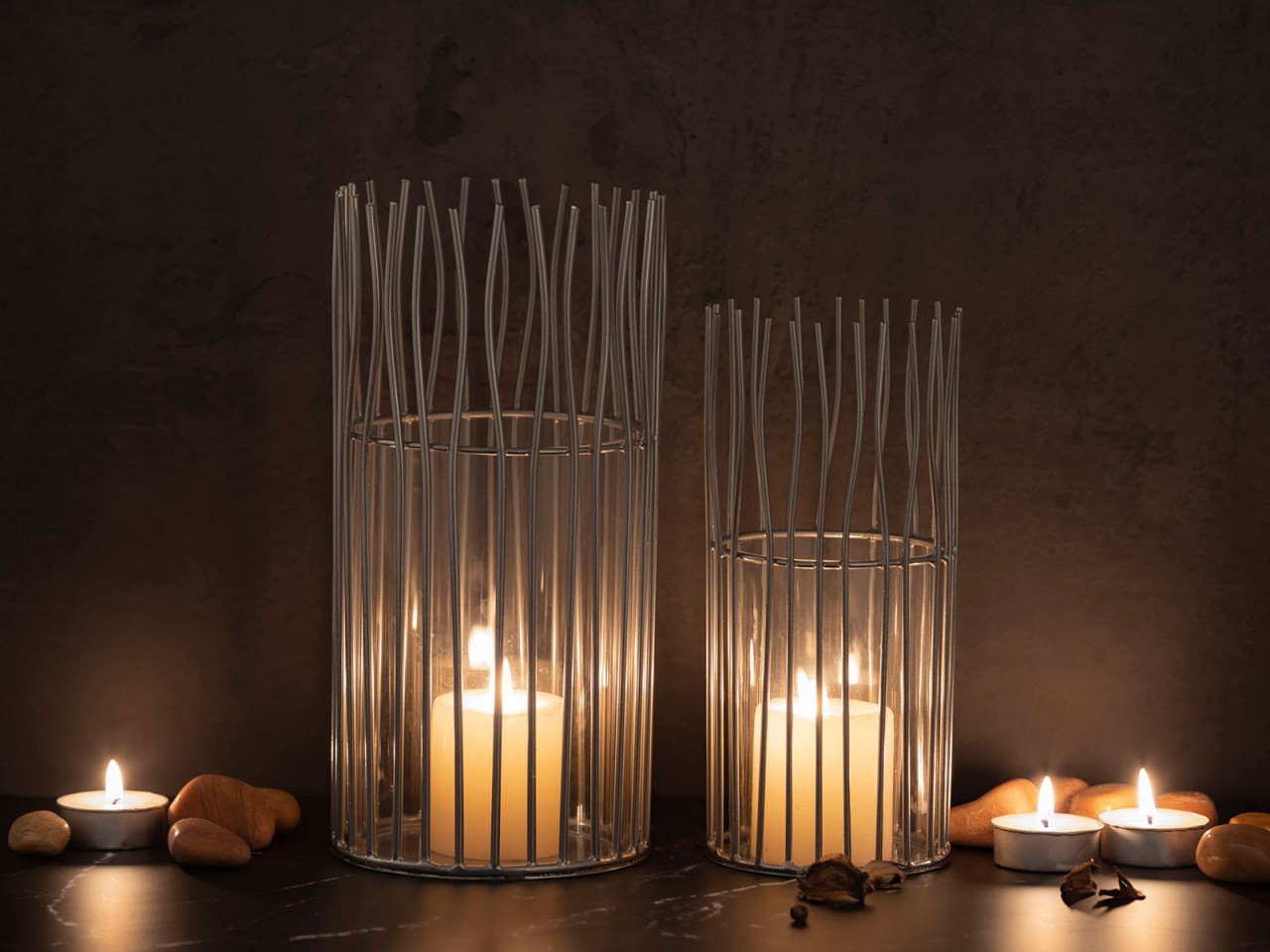 Kerzenhalter Set 2-teilig Teelichthalter Windlicht Loft schwarz o. silber Kerzenständer Windlichter
