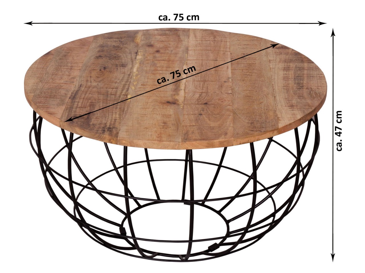 Couchtisch nachhaltig rund ø 75 cm Wohnzimmer-Tisch Massivholz London Metall Gitter Metall Gestell
