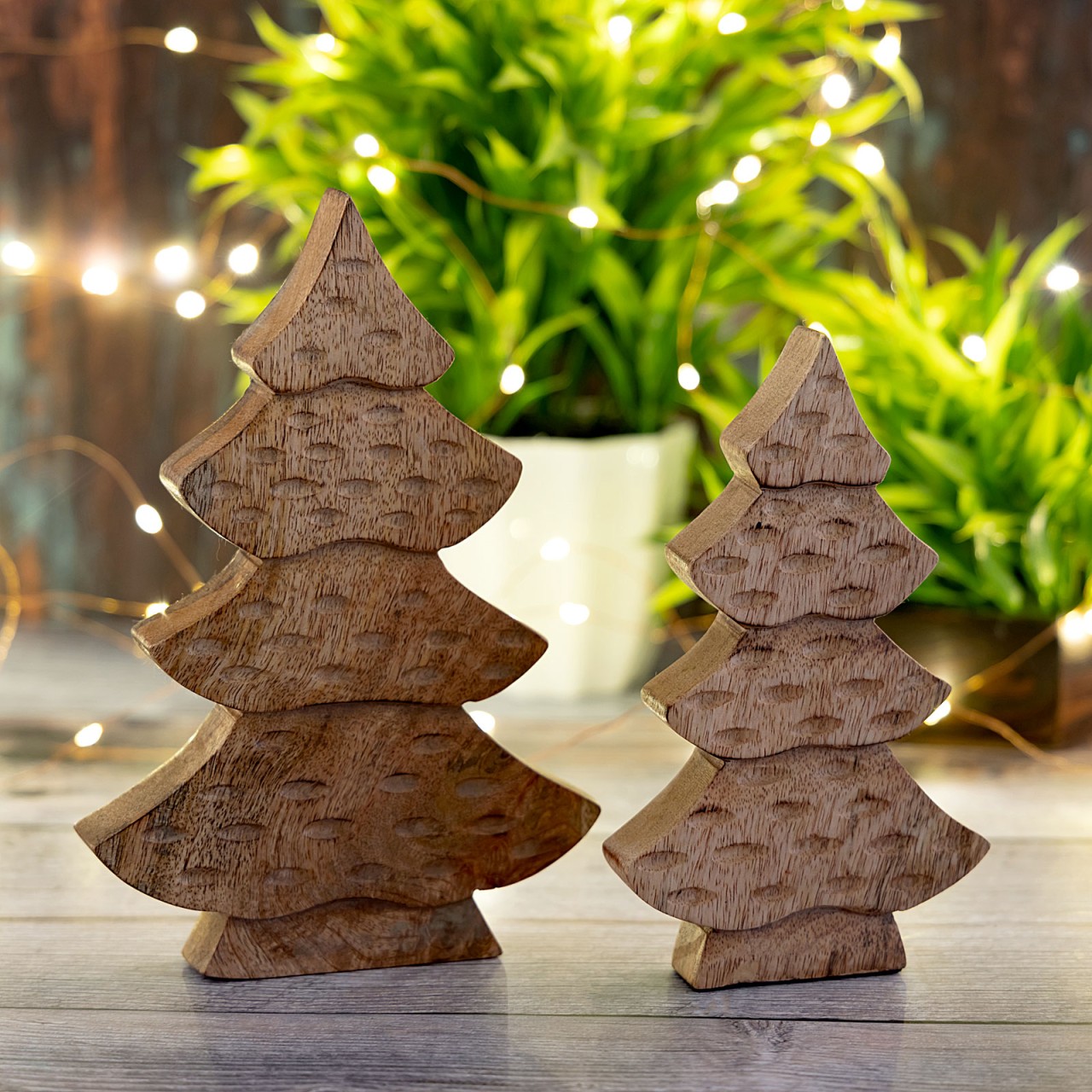 Dekofigur Baum 2er Set Holzfigur H23/20cm Holzbaum Weihnachtsdekoration Mangoholz
