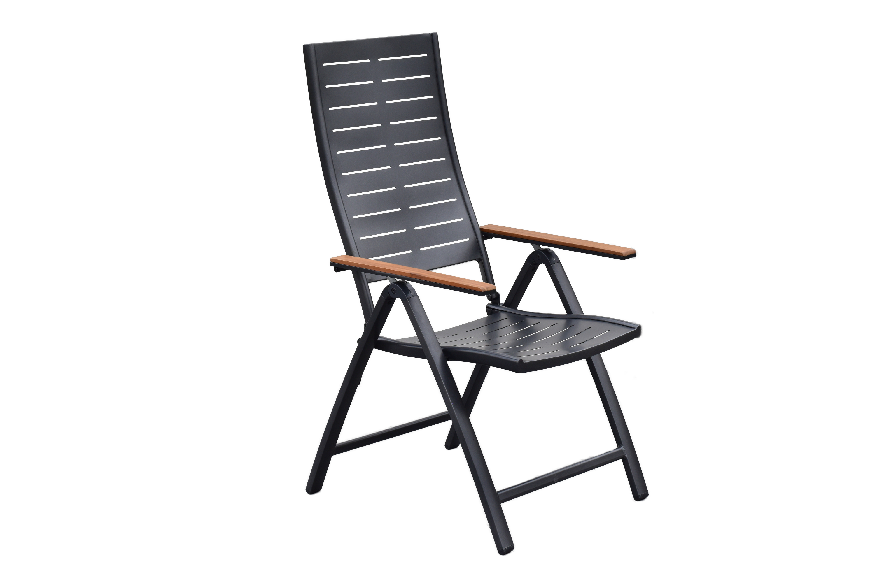 Merxx Tinos Gartenmöbel Set für 6 Personen 13 teilig aus Aluminium und FSC Akazienholz mit Tisch 150x90 cm 6 verstellbare Klappsessel mit Akazienholz und graue Kissen mit Befestigungsbändchen