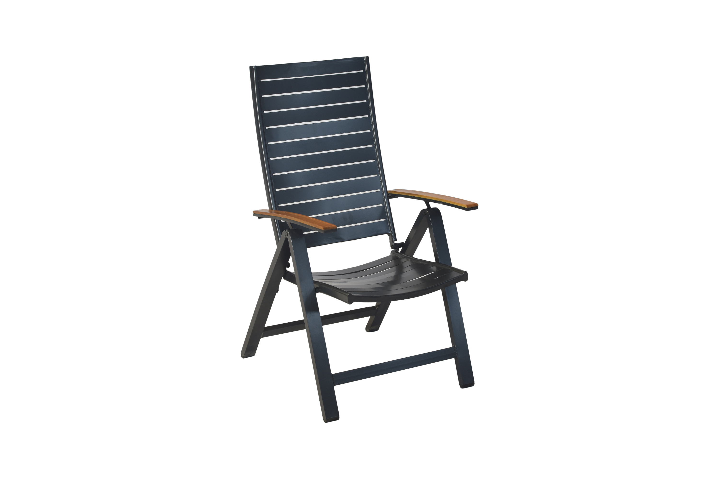 Merxx Astros Gartenmöbel Set für 6 Personen 13 teilig aus Aluminium und FSC Akazienholz mit Flex Ausziehtisch 180x180 cm 6 verstellbare Klappsessel mit Akazienholz Armlehnen und graue Kissen