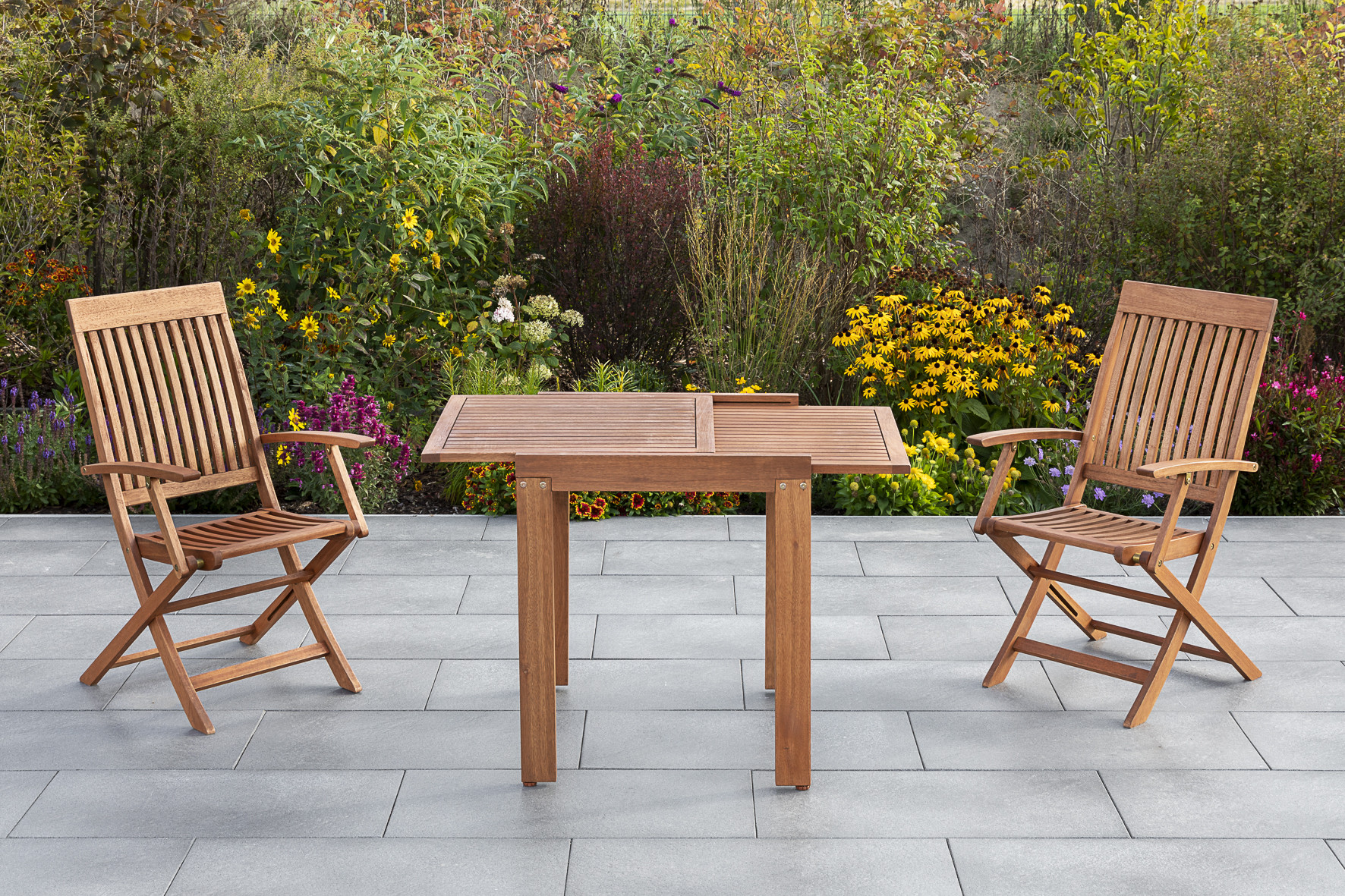 Comodoro Gartenmöbel-Set 3-teilig – 2 Klappsessel & Balkonausziehtisch 65–130 cm aus FSC® Eukalyptusholz