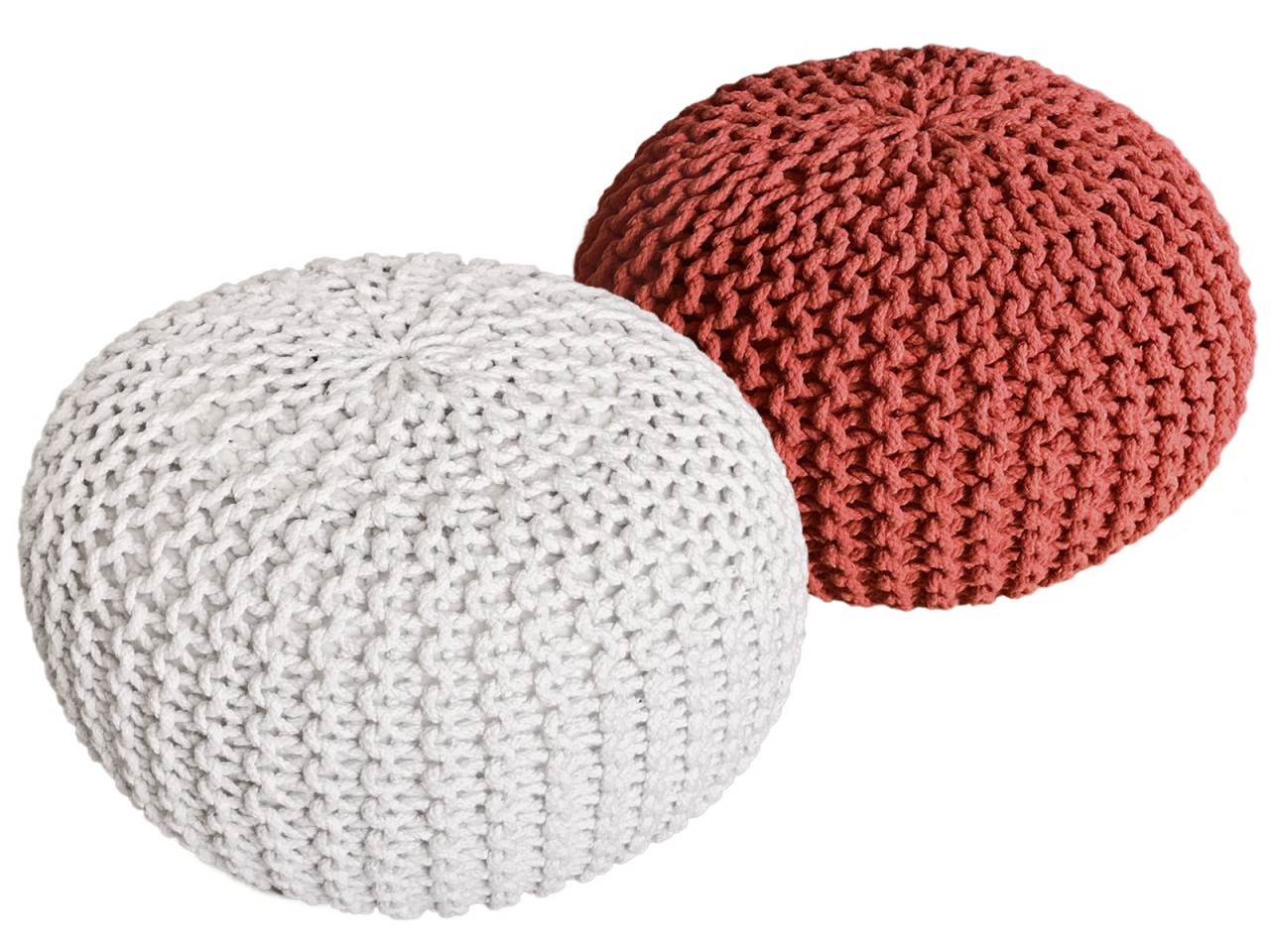 Sitzhocker Pouf SET 2 Stück Ø 55 cm H 37 cm Strickhocker Bodenkissen Grobstrick-Optik nachhaltig Sitzhocker Pouf SET 2 Stück Ø 55 cm H 37 cm Strickhocker Bodenkissen Grobstrick-Optik nachhaltig