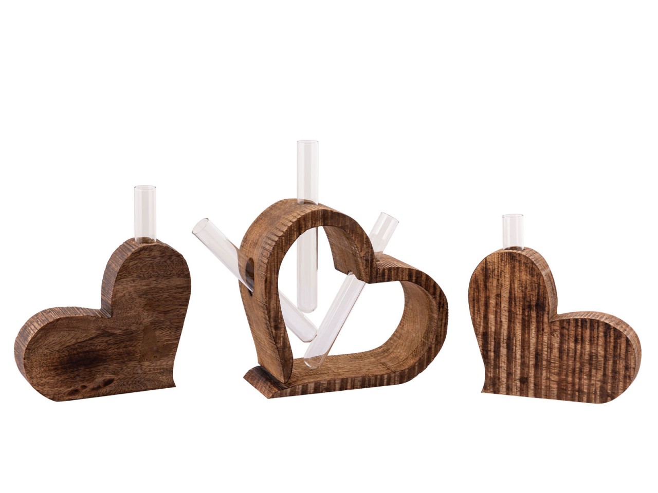 Tischdeko Herzen 3-teilig Blumenvase Hochzeitsgeschenk Hochzeitsdeko Mangoholz massiv