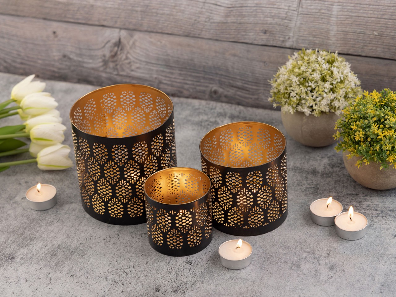 Kerzenständer 3er Set Windlicht Orient Teelichthalter rund schwarz gold