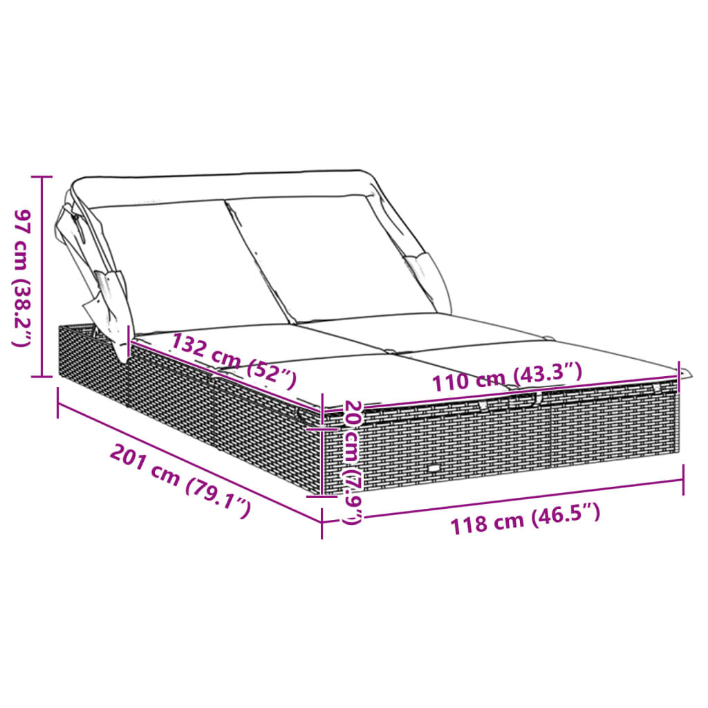 2-Personen-Sonnenliege mit Dach Braun 213x118x97 Poly Rattan