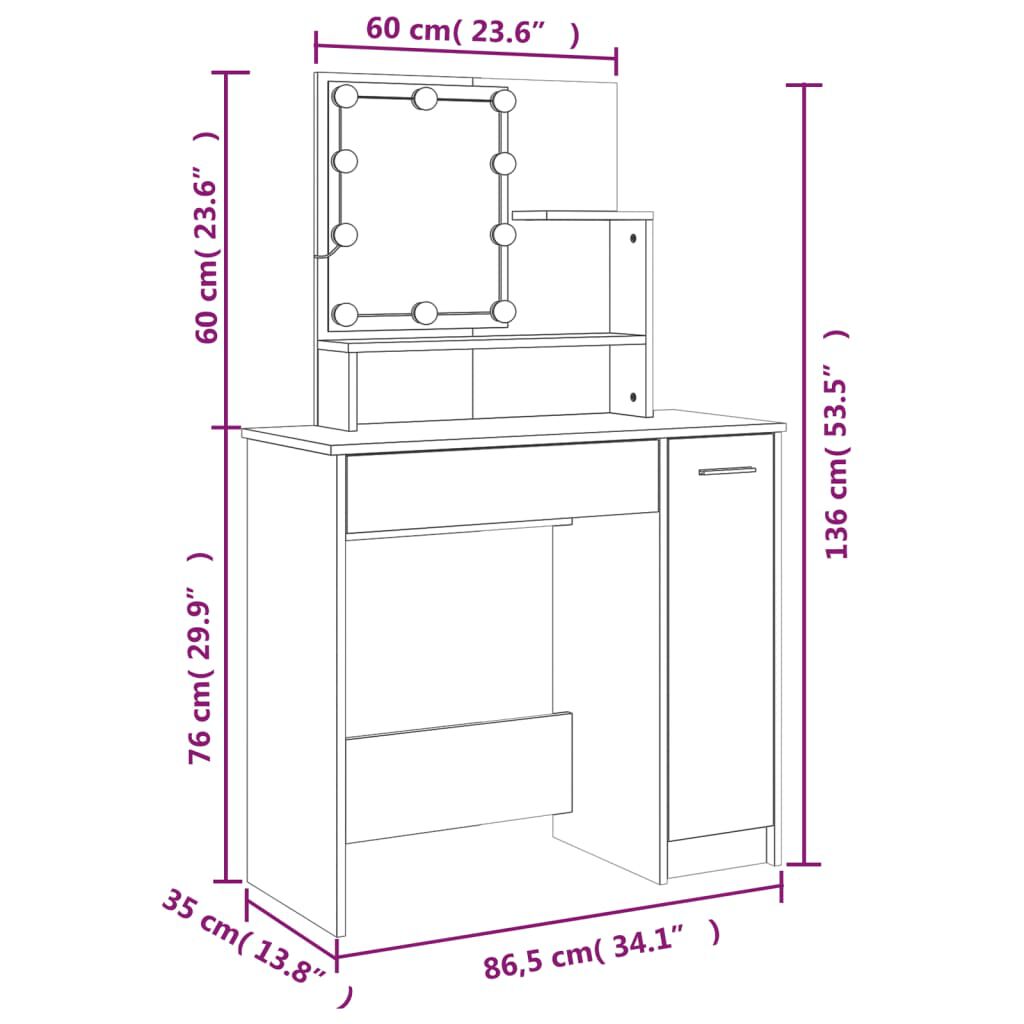 Moderner Schminktisch mit LED Beleuchtung Weiß Hochglanz 86 5 x 35 x 136 cm