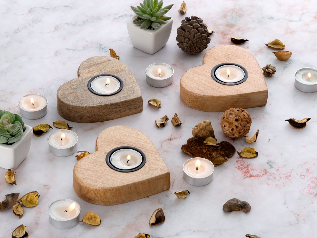 Teelichthalter Masterbox 12x 3er Set Kerzenständer Teelichter 12x11cm Herzilein Mangoholz