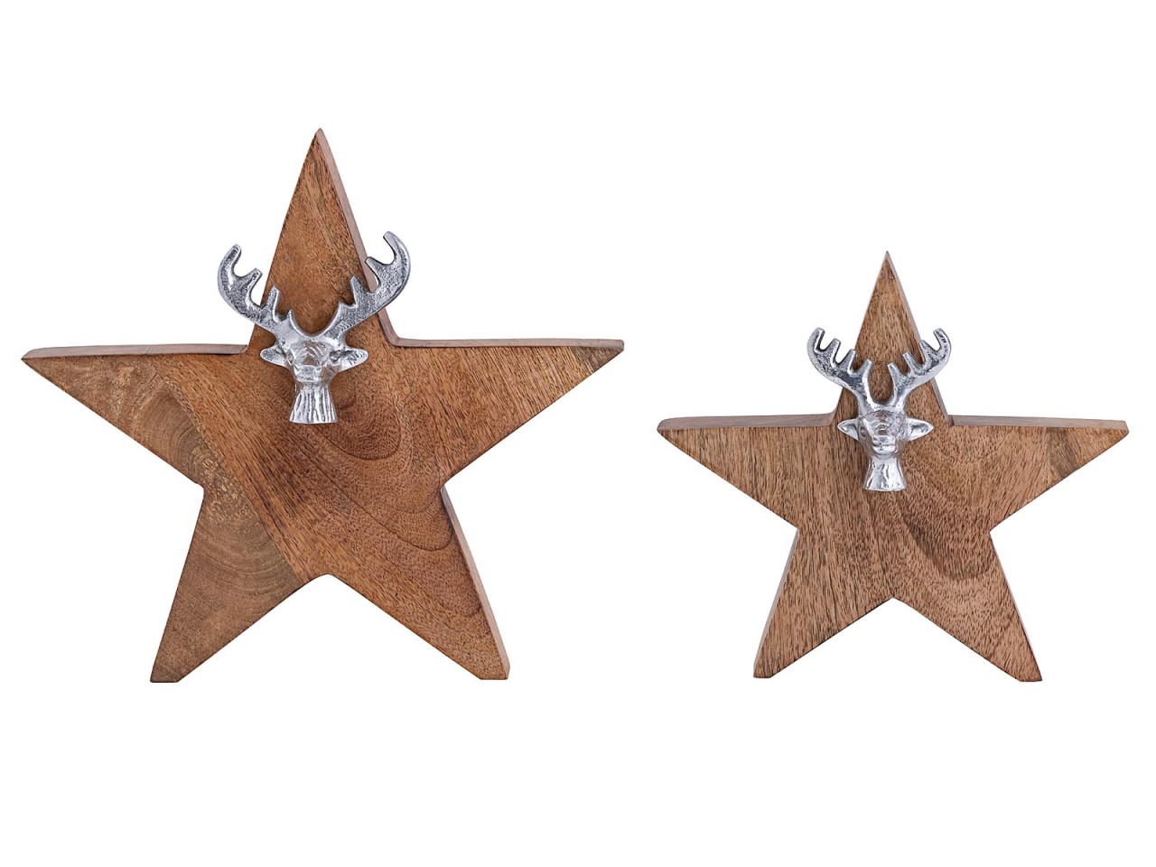 Holzfigur Stern 2er Set mit Hirschkopf Größe 25/19cm Masterbox 10-teilig Aufsteller Mangoholz