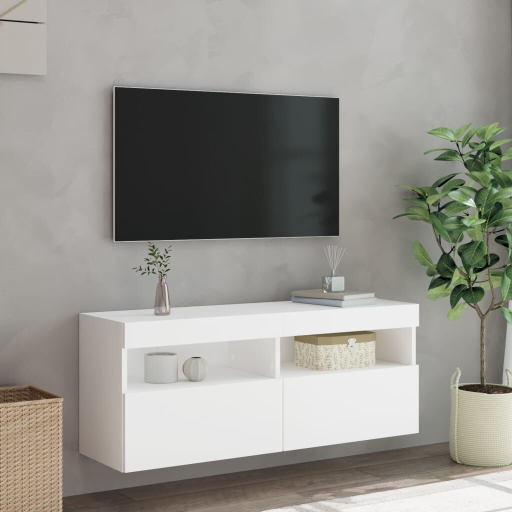 TV Wandschrank Weiß mit LED Leuchten 100x30x40 cm platzsparend und modern