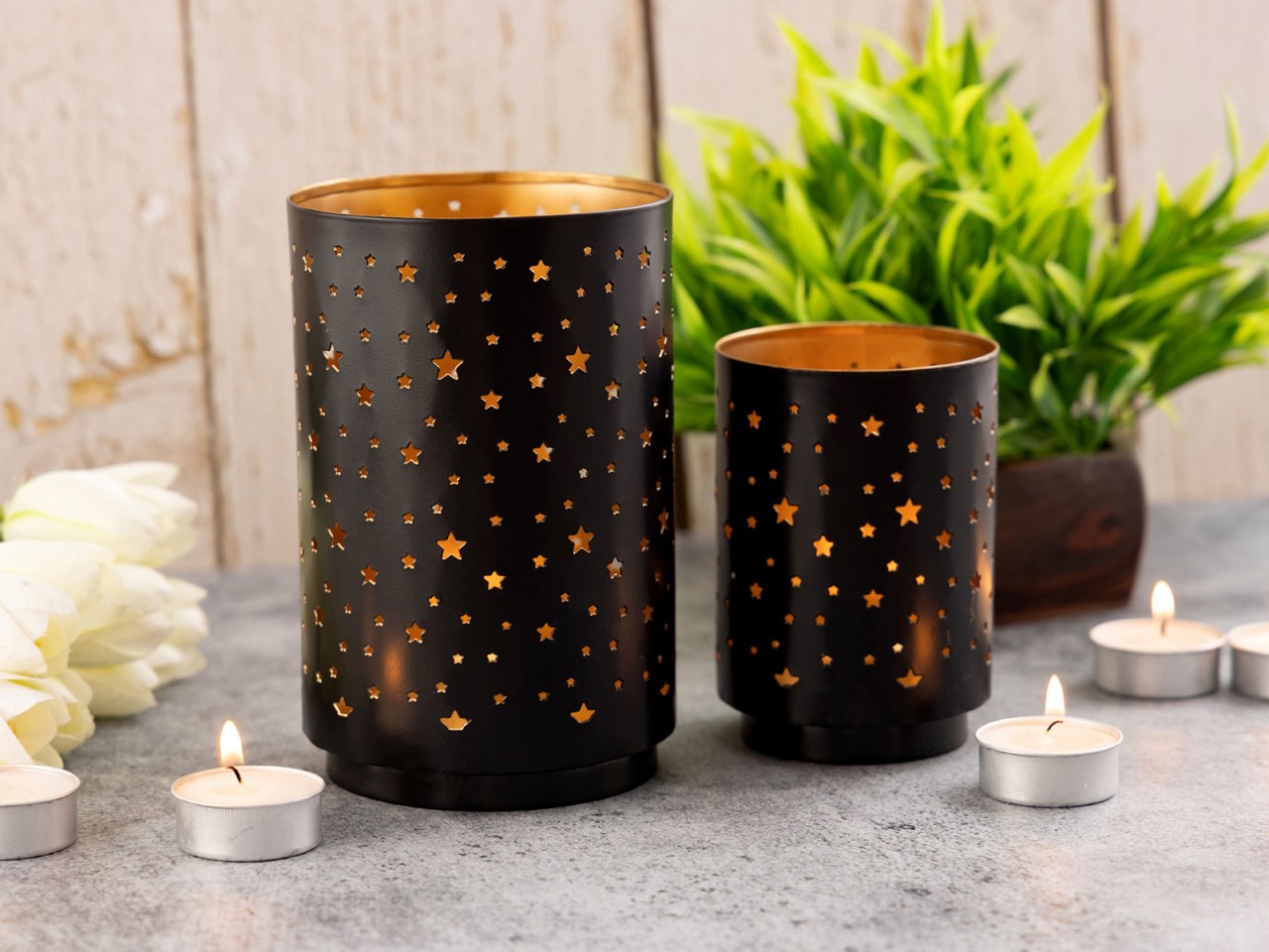 Teelichthalter Masterbox 16x 2er Set Sternenhimmel Kerzenhalter rund schwarz gold