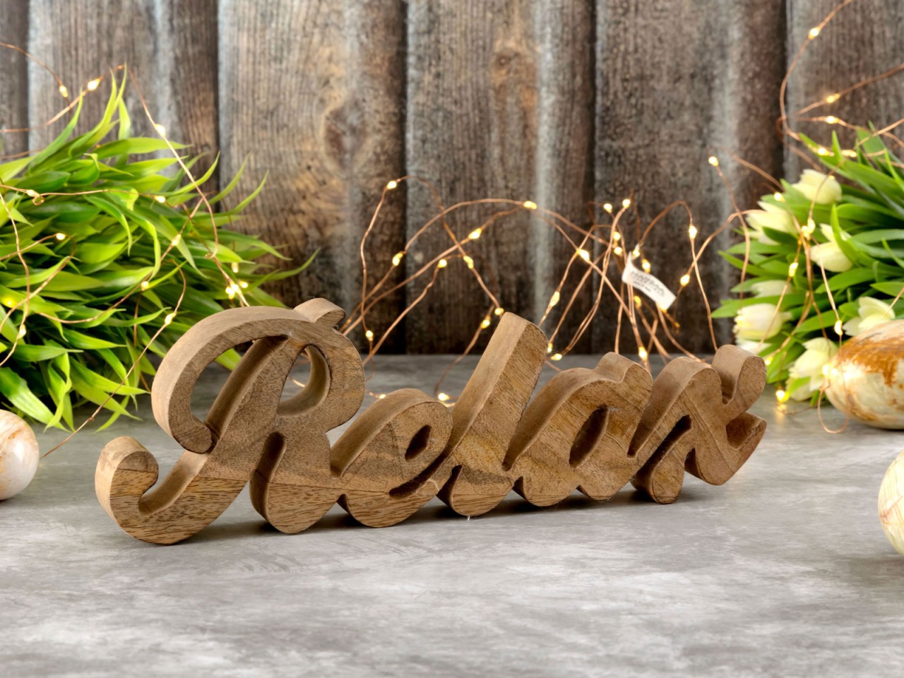Schriftzug Holzfigur Relax B28x9cm Dekoschrift Mangoholz massiv