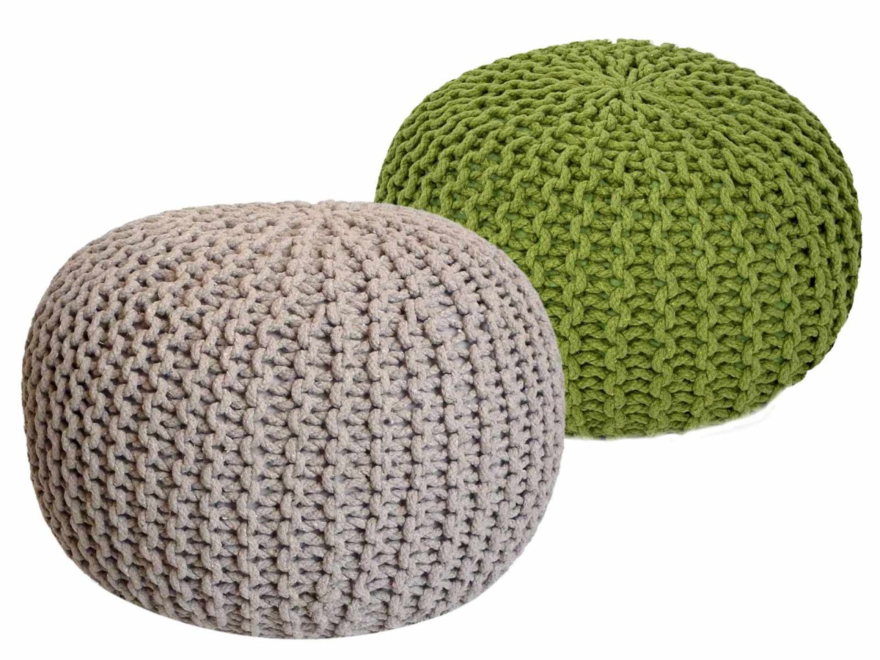 Sitzhocker Pouf SET 2 Stück Ø 55 cm H 37 cm Strickhocker Bodenkissen Grobstrick-Optik nachhaltig Sitzhocker Pouf SET 2 Stück Ø 55 cm H 37 cm Strickhocker Bodenkissen Grobstrick-Optik nachhaltig