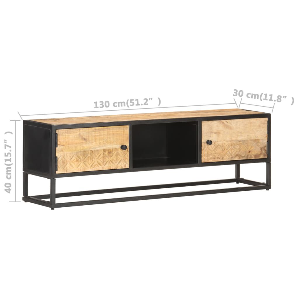 TV Schrank Mango Holz 130 x 30 x 40 cm mit geschnitzter Tür rustikaler Look