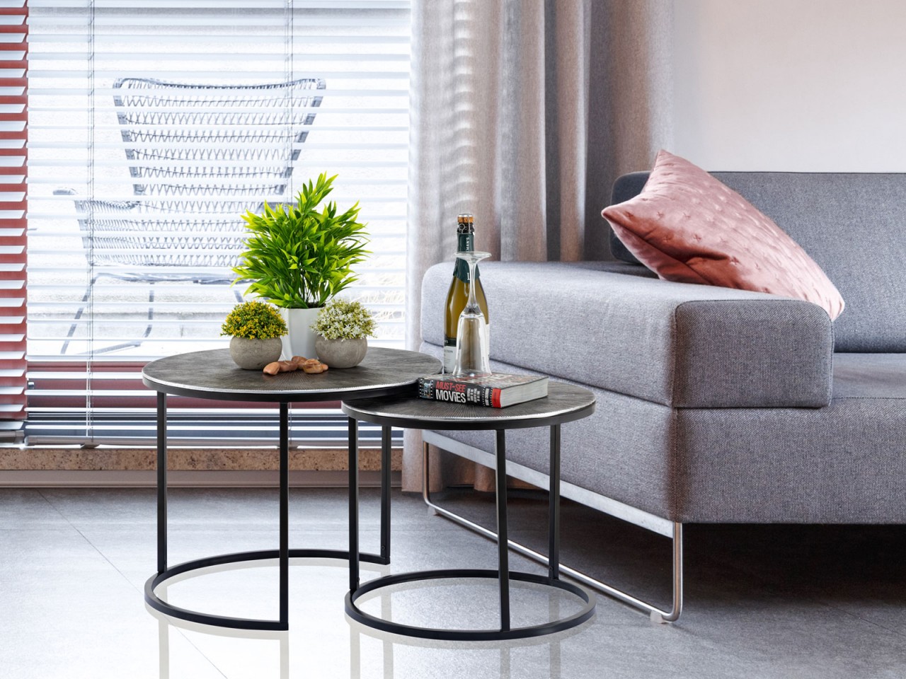 Couchtisch Set 2-teilig ø 55 u. 45 cm Beistelltisch silber Metall Tische rund Carlton Wohnzimmer