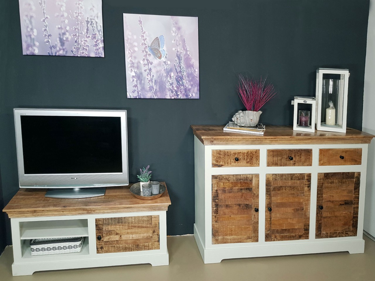 TV Lowboard TV Schrank B 114 H 45 cm Massivholz Fernsehschrank Ibiza weiß Mangoholz massiv