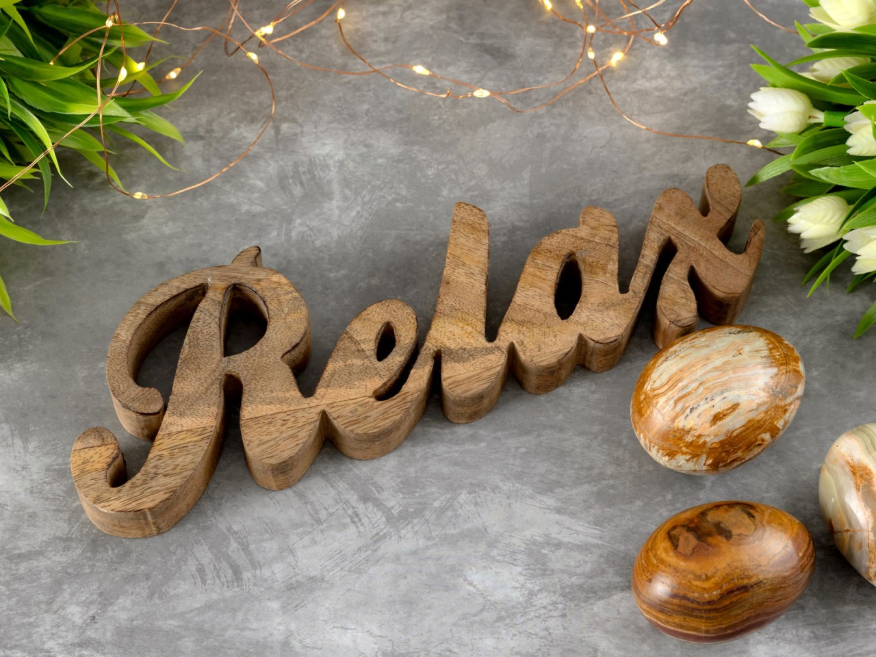 Schriftzug Relax Holzfigur Masterbox 24 Stück B28x9cm Dekoschrift Mangoholz massiv