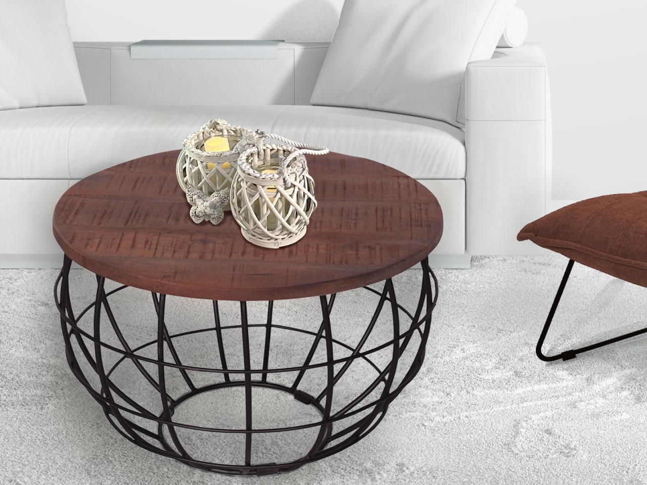 Couchtisch nachhaltig rund ø 75 cm Wohnzimmer-Tisch Massivholz London Metall Gitter Metall Gestell