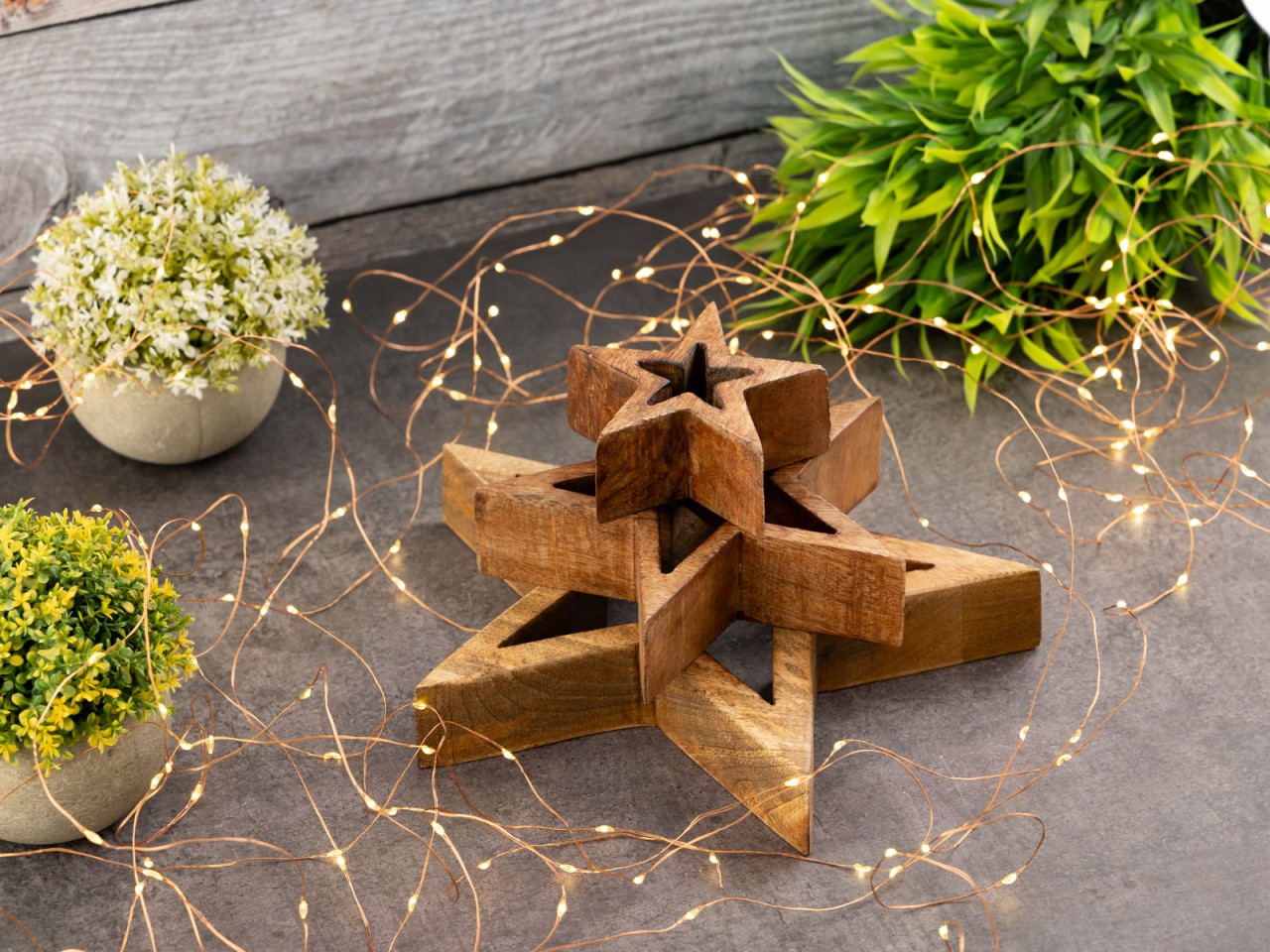 Dekofigur Sterne 12x 3er Set Holzfigur 26/17/10cm Masterbox Weihnachtsdekoration Mangoholz