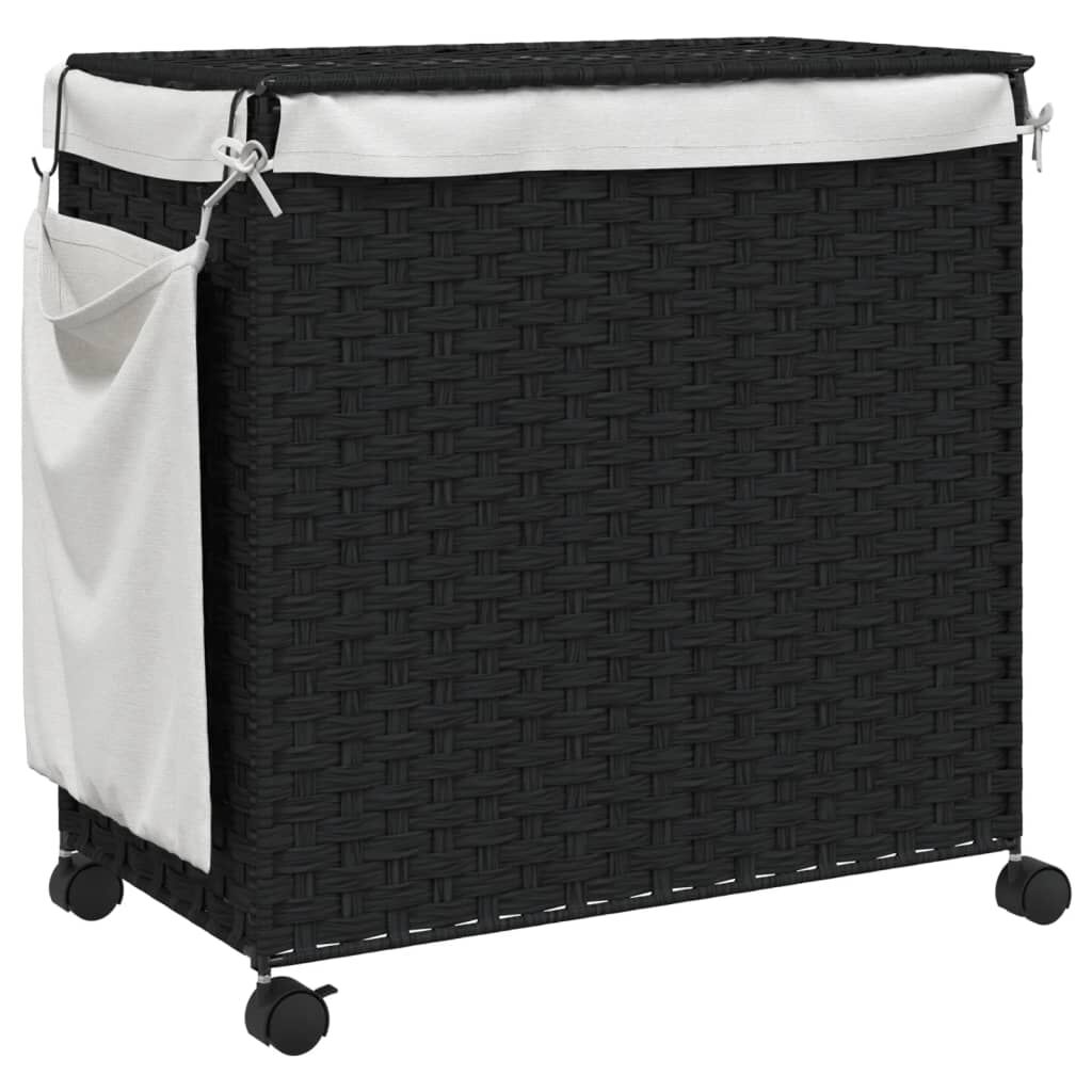 Wäschekorb mit Rollen, Rattanoptik, Schwarz, 60 x 35 x 60,5 cm, stabil