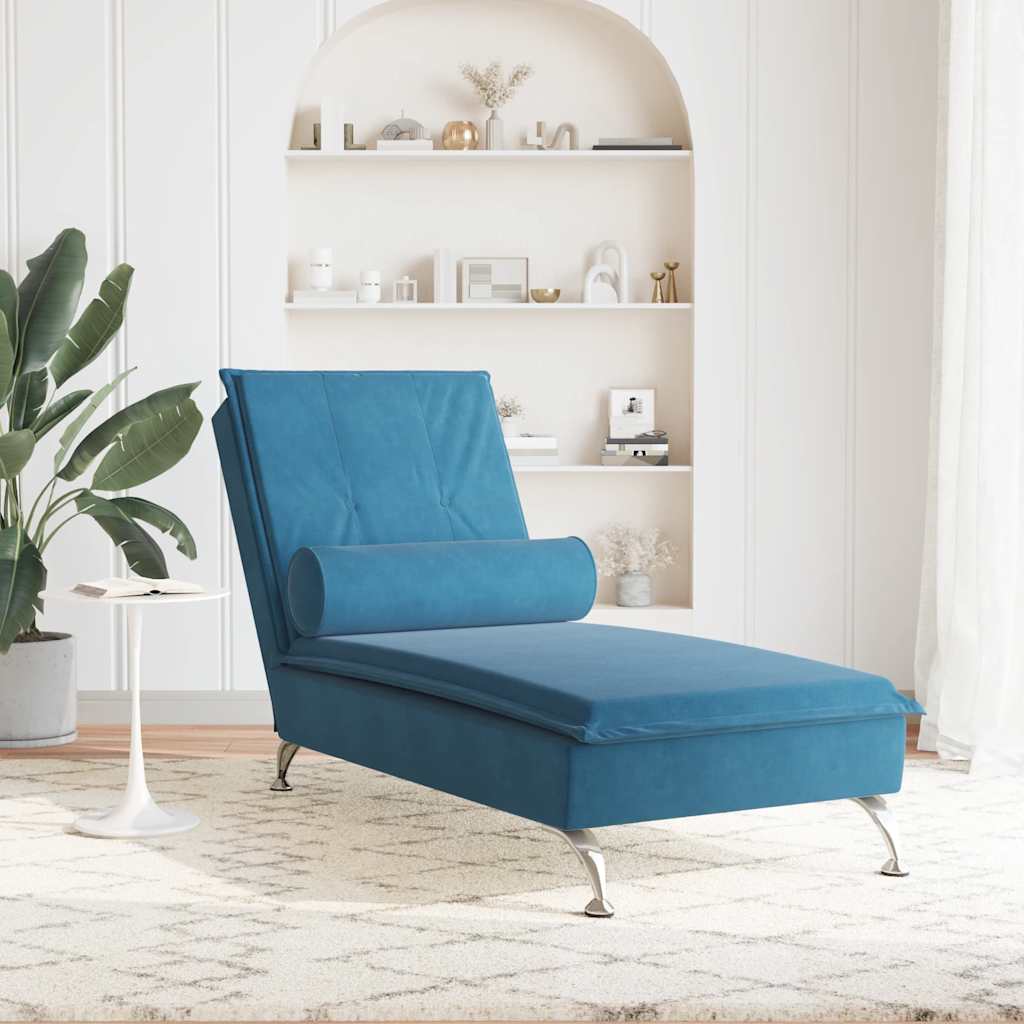 Massage Chaiselongue mit Nackenrolle Blau Samt Komfort und Entspannung