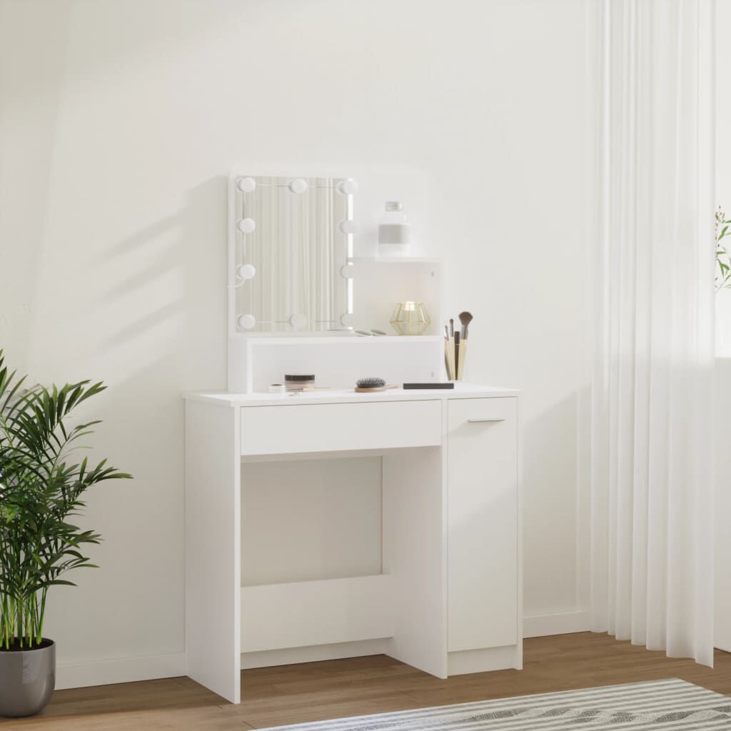 Moderner Schminktisch mit LED Beleuchtung Weiß Hochglanz 86 5 x 35 x 136 cm